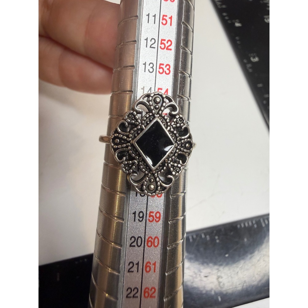 Silver Tone Black Onyx Style Filigree Cocktail Ring Size 7.5 Gothic Boho